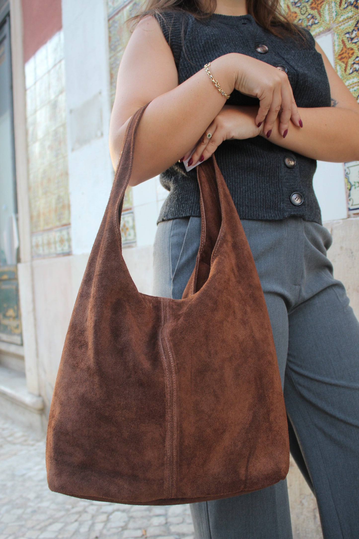 Mala "Tote Bag" em camurça castanha