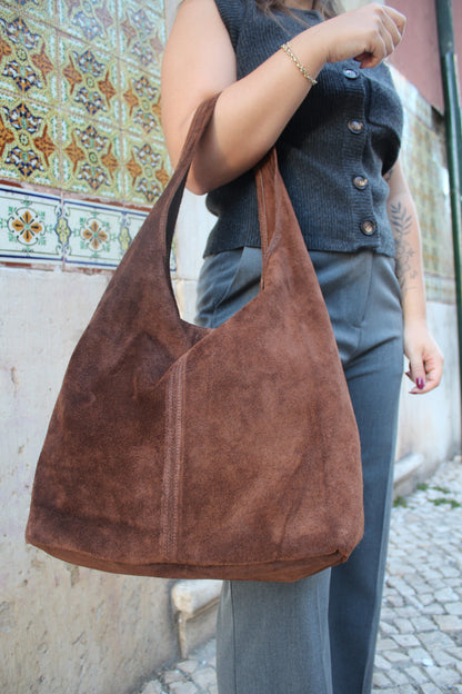 Mala "Tote Bag" em camurça castanha